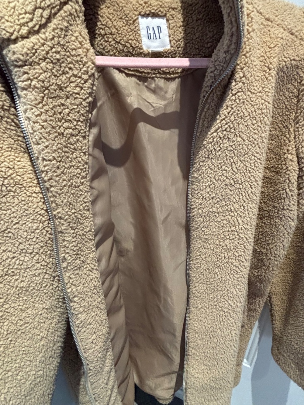 GAP Women's Small Camel Tan Sherpa Fleece Long Zip-Up Jacket Coat - Picture 6 of 7